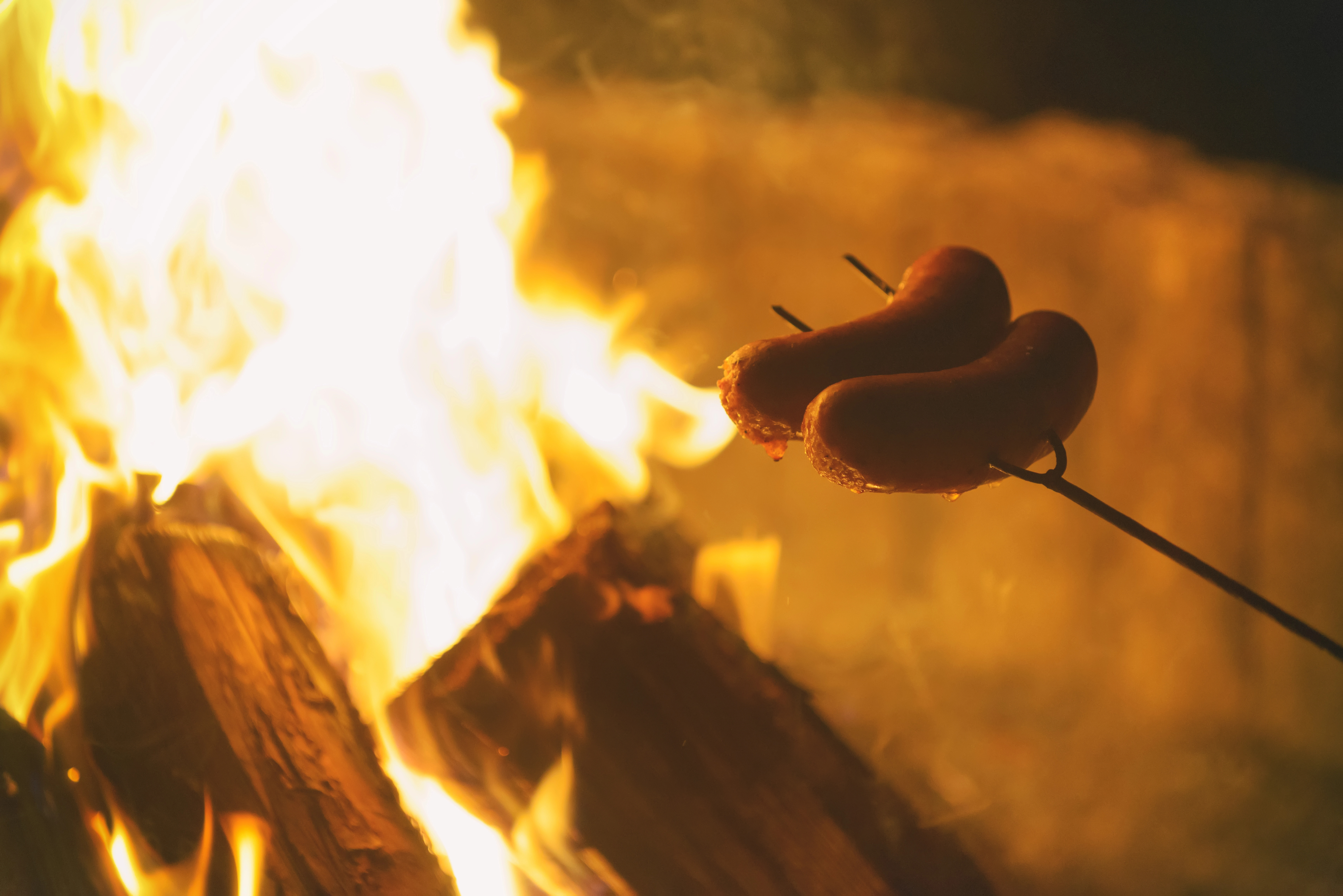 Campfire with sausages on skewers.
