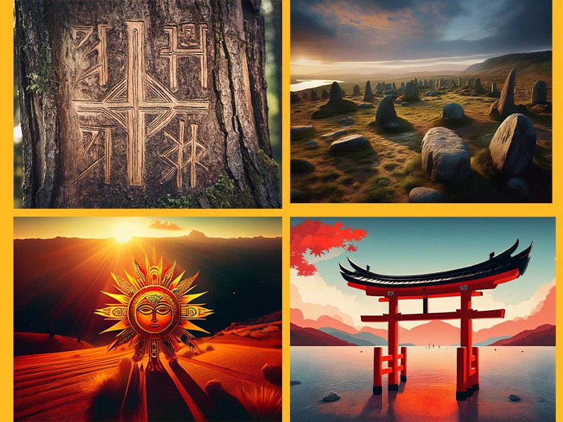 Collage of Norse, Celtic, Native American and Shinto sun symbols.