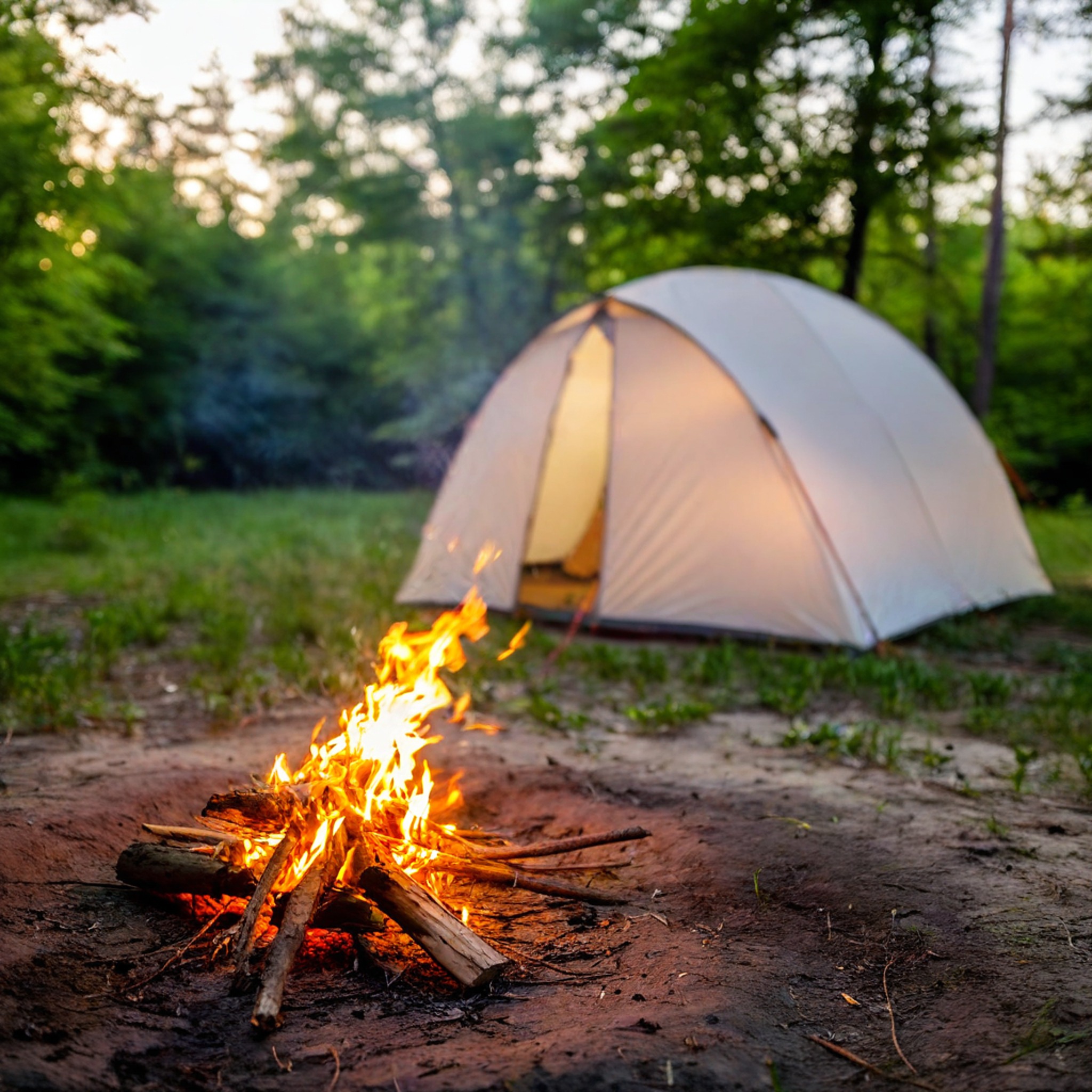 A campfire with a canvas tent in a meadow.