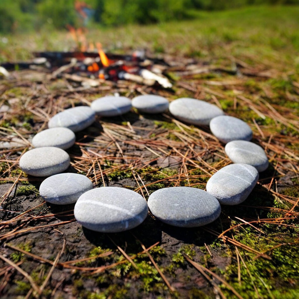 A circle of stones arranged at a campground.