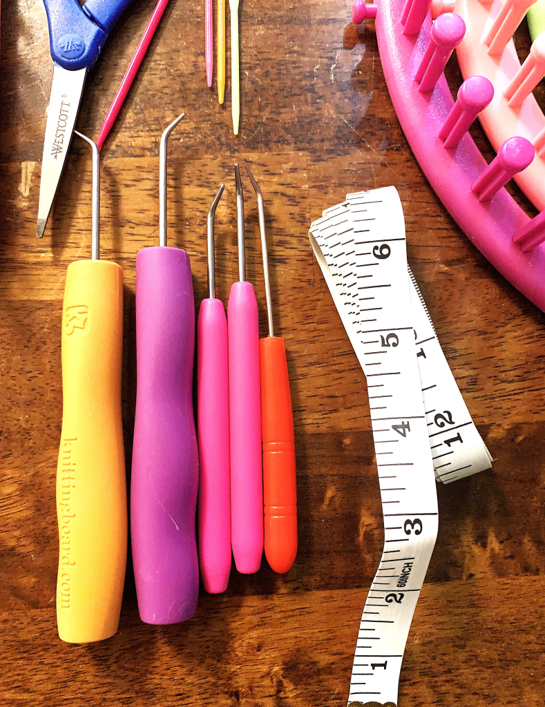 Basic supplies for loom knitting for beginners.