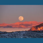 Full Snow Moon rising over a snowy winter landscape, symbolizing February’s ancestral wisdom and storytelling traditions.
